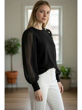 Adrianna Papell Womens Sz M Black Long and Sheer Sleeve Sweater Top Rhinestone